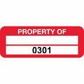 Lustre-Cal PROPERTY OF Label, Polyester Dark Red 2in x 0.75in  1 Blank Pad & Serialized 0301-0400, 100PK 253744Pe2Rd0301